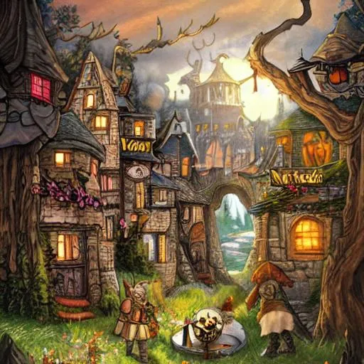 Prompt: wonderland storybook magic town, medieval fantasy, brothers grim, dnd art