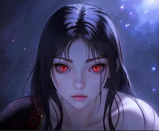 Prompt: Closeup face portrait of a woman in the image, smooth soft skin, big dreamy eyes, beautiful intricate colored hair, symmetrical, anime wide eyes, red color eye iris, soft lighting, detailed face, long thin face shape, Asian woman, thin eyebrow,  broad shoulder, make it look like AESPA'S Karina, heavy lower lips