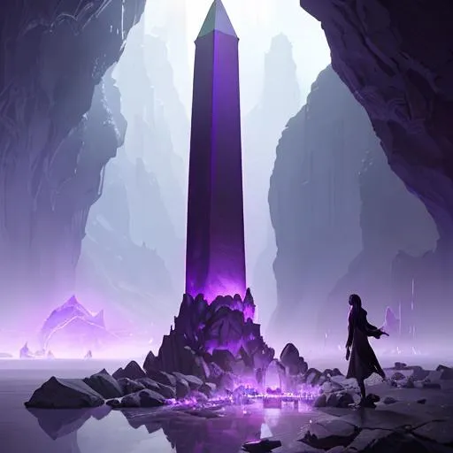 Prompt: cavern, dark lighting, Giant purple obelisk, crystal, fantasy, greg rutkowski, trending on artstation by makoto shinkai, stanley artgerm lau, wlop, rossdraws, concept art, digital painting