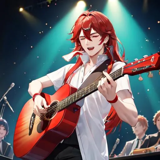 Prompt: Zerif 1male (Red side-swept hair covering his right eye) singing and playing the guitar at a concert, UHD, 8K, highly detailed