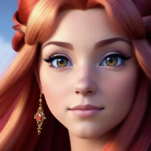 Prompt: a realistic feminine princess, Rapunzel, but with red hair, HD
