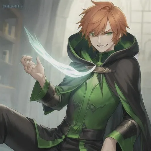 Prompt: young man with short ginger hair and green eyes, wearing a hooded cloak with a mischievous grin on his face, mysterious, pixel art syle