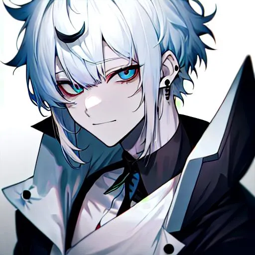 Prompt: Saiko Male (short pure white hair) 8k, UHD, happy, black earrings
