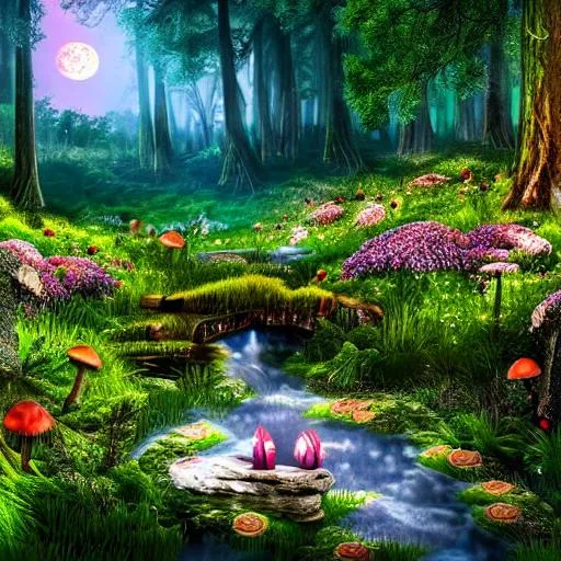 Prompt: Realistic fantasy, moon, forest, flowers, nighttime, fairy cottage, mushrooms, bubbling stream,  fireflies, spooky dark forest, 8k, has beautiful fairy laying on meadow, beautiful fantasy landscape, realistic and natural, cosmic sky, detailed full-color, nature, hd photography, f realistic surrealism, colorful, has beautiful fairies

