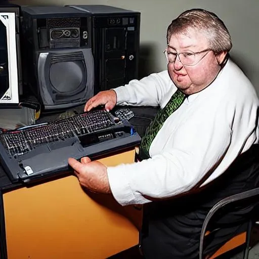 Prompt: old fat computer technician with vodka