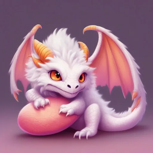 Prompt: dnd a small white very fluffy dragon with orange eyes laying inside of a pink slipper 