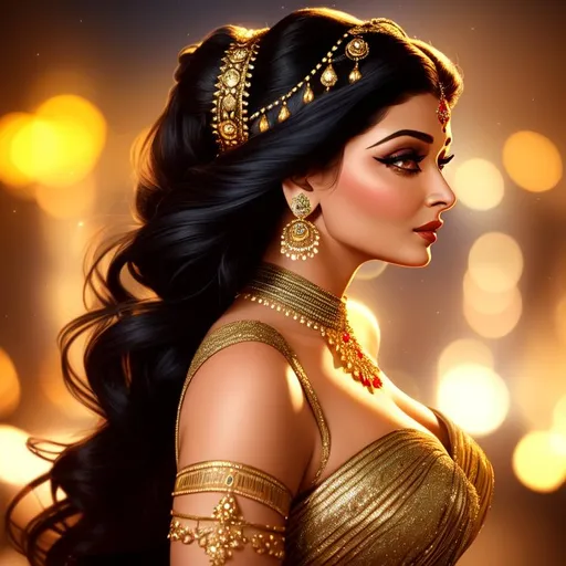 Prompt: 3/4 view of a woman who looks like Aishwarya Rai, intricate long flowing hair, wearing an elegant dress, Native decoration in her hair, dark contrast, 3D lighting, soft light, nighttime in the city background, stars, sparkles, bokeh
