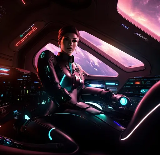 a spaceship pilot in a latex suit with robotic limbs... | OpenArt