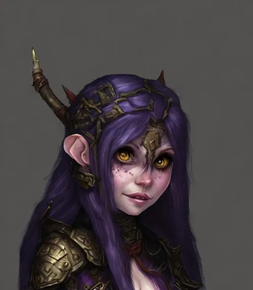 Prompt: A fantasy portrait of a cute but sinister looking, and freckled female gnome sorceress, pathfinder