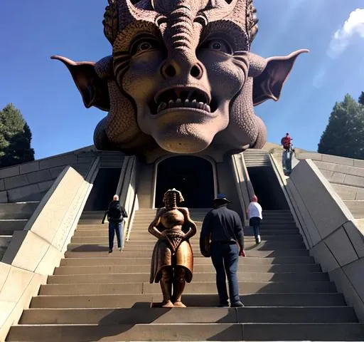 Prompt: People are stumbling into a fiery open mouth of an enormous stone statue of Moloch’s head which is atop a staircase raising up their babies to show everyone