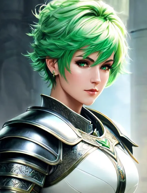 Prompt: oil painting, fantasy,  UHD, hd , 8k, , hyper realism, Very detailed, zoomed out view of character, panned out view, full character visible, Human Paladin in shining white armour, short green hair.