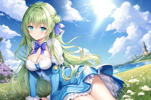 Prompt: 1 anime girl. She lies on a cloud in the sky. Hands on chin. smile. Alice in Wonderland-style costume.
perfect anatomy, detailed eyes, sun ray. Dutch angle.