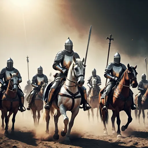 Prompt: Realistic illustration of a medieval crusade, knights on horseback, dusty battlefield, detailed armor and weapons, dramatic lighting, high quality, realism, medieval, crusade, knights, horseback, battlefield, armor details, weapon details, dramatic lighting