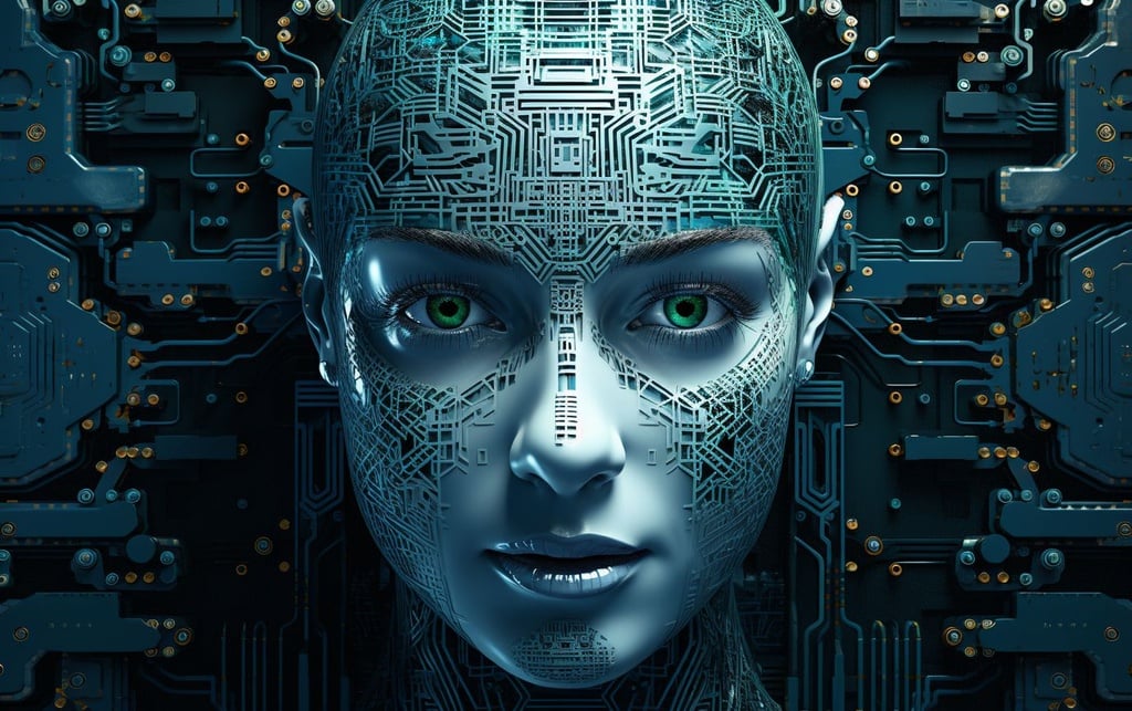 Prompt: circuit board background art, in the style of expressive facial features, daz3d, shiny eyes, classicist portraiture, dark white and teal, futuristic robots, mind-bending murals