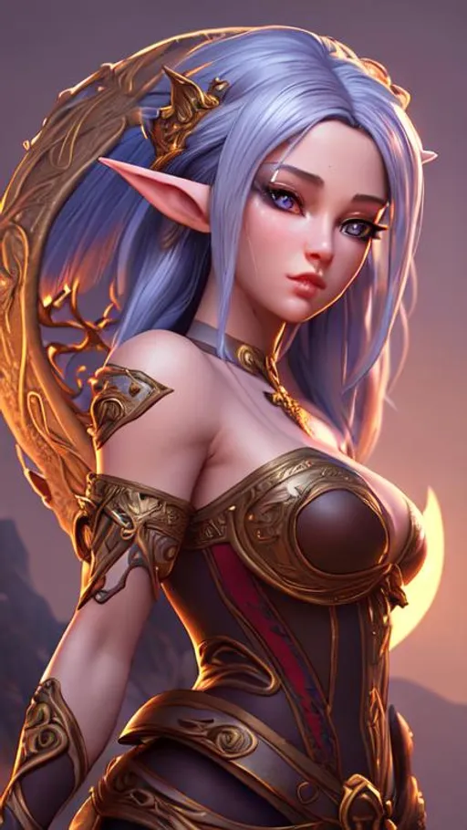 Prompt: highest quality stylized character concept masterpiece, award winning digital 3d oil painting art, hyper-realistic, intricate, 64k, UHD, HDR, image of a beautiful  elf-girl standing under the moon at night, highly detailed face, hyper-realistic facial features, perfect anatomy in perfect composition of professional, long shot, sharp focus photography, cinematic 3d volumetric, dramatic lighting with backlit backlight, {{sexy}}, aiming down sights with red-hair, green eyes, perfect smile, from Elder Scrolls.