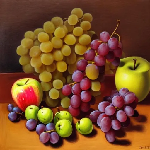 Prompt: still life of apple, banana and grapes, in the style of paccasso
