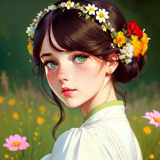 Prompt: Cute girl with freckles, high bun, breton dress, flowers in hair, intricate, detailed face. by Ilya Kuvshinov and Alphonse Mucha. Dreamy, pastel colors, honey, red lips, green eyes, diadem, clear eyes