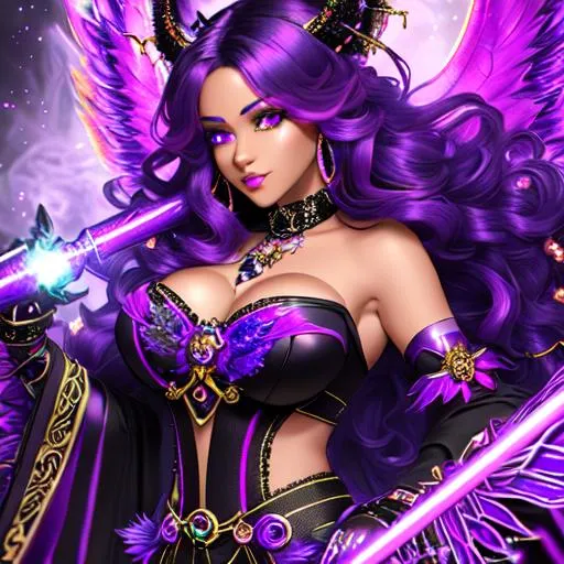 Prompt: Neon purple hair  with fire highlights, dark skin, ringlets and flowy, demon spider, goddess mage with demonic wings  and hyper detailed scythe with a lot of diamonds, perfect composition, hyperrealistic, super detailed, 8k, high quality,  sparkling clothes full of ornaments, midnight blue particles, soft red misty color, inside a bird fancy cage, royalty, full accessories,  with opposing hair color, full body, hands posed, 
, highly detailed, near face, cascading lighting, , 8K, digital art, unreal engine 5