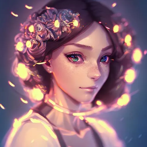 Prompt: An anime Portrait of a pretty woman with an insanely detailed house on her head, with multiple levels and lights in the windows, heavy Clouds, Cinematic smooth, magic, sunlight, fantasy, flowers and mushrooms, overgrown, highly detailed, dark studio, rim lighting