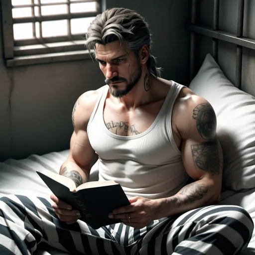 Prompt: Solid Snake wearing white tank top and striped prison pants and white socks with beard, with tattoos, moody, atmospheric, realistic, buff, muscular, laying on bed in prison cell, reading book