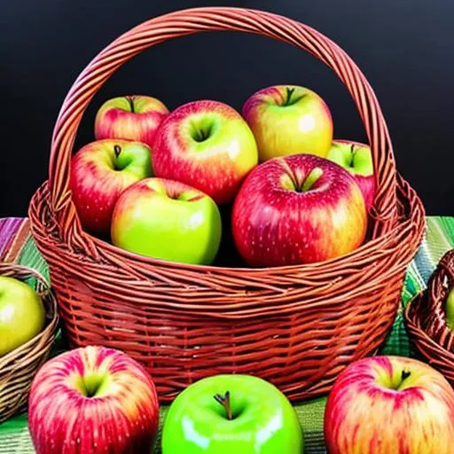 Prompt: A large wicker basket filled with multi colored chromatic apples, sitting on a table top, other fruit on the table 