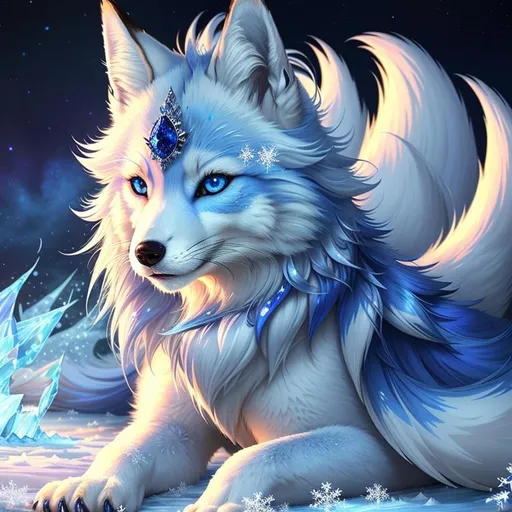 Prompt: (64k, masterpiece, professional illustration, epic digital art, best quality:1.5), insanely beautiful female ((fox)), (canine quadruped), adolescent, ice elemental, deep blue pelt covered in frost, bashful hypnotic sapphire blue eyes, gorgeous frosted silver mane, (plump), finely detailed fur, hyper detailed fur, (soft silky insanely detailed fur), moonlight beaming through clouds, frosted grassy field, cold colors, professional, symmetric, golden ratio, unreal engine, depth, volumetric lighting, rich oil medium, (brilliant auroras), (ice storm), full body focus, beautifully detailed background, cinematic, 64K, UHD, Yuino Chiri, intricate detail, high quality, high detail, masterpiece, intricate facial detail, high quality, detailed face, intricate quality, intricate eye detail, highly detailed, high resolution scan, intricate detailed, highly detailed face, very detailed, high resolution, perfect composition, epic composition