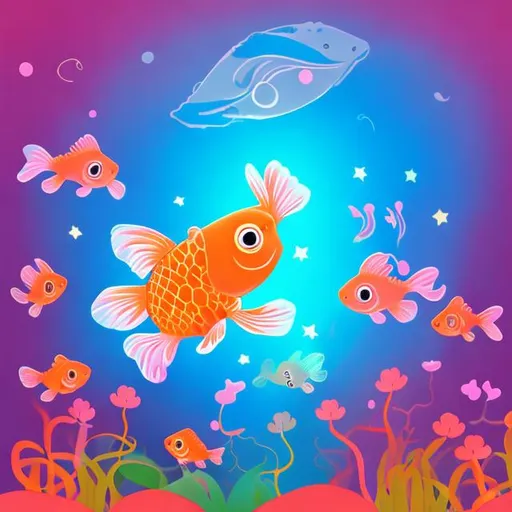 Prompt: glowing pink goldfish in the moon with rainbows
