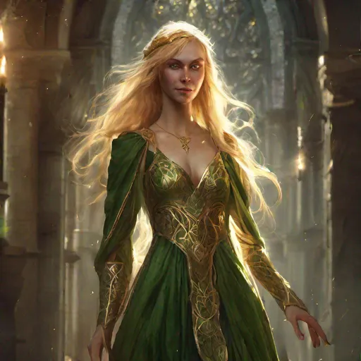 Prompt: thin elf woman with bright green eyes, golden hair, wearing a medieval chemise dress, concept art, epic lighting, finely-tuned, octane rendering
