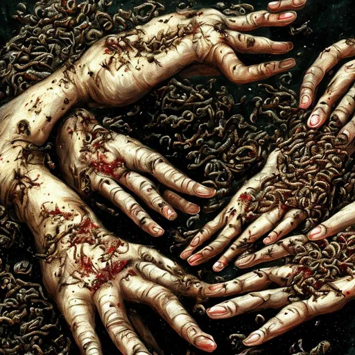 A detailed illustration of hand with maggots ,oil pa