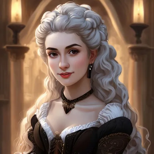 Prompt: a greek noblewomen in her mid-20s, beautiful, short height, petite body, long wavy white hair, thick black eyebrows, large brown eyes, warm smile, white medieval linen dress, black corset, fantasy style portrait 