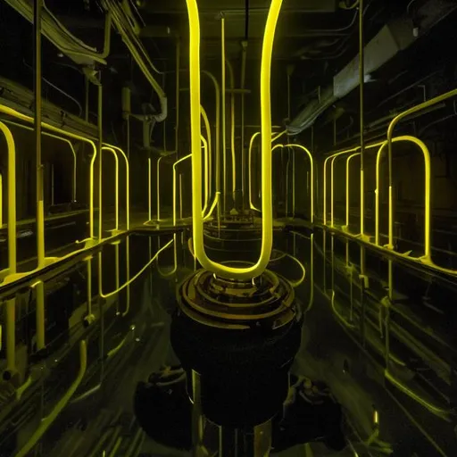 Prompt: This is a laboratory located deep within an underground complex. In a small room illuminated only by the dim glow of a neon light, a transparent tube holds a thick, yellowish fluid. The neon light highlights the tube, causing the fluid inside to emit a faint glow, creating a mysterious shimmer in an otherwise pitch-black room.

There are no signs of human life around, only the soft hum of laboratory equipment and computer screens reflecting the neon glow. With no clear explanation of the light source emanating from the fluid, the room becomes captivating and arouses curiosity.

This fluid sample is the latest discovery of a team of brilliant scientists, eager to unveil the mysteries behind its unique properties. Although no definitive explanation has been found for the phenomenon, one theory suggests that it may be an unknown chemical reaction that can only occur under specific conditions present in this laboratory.

The observing scientists note that the fluid seems to change color and emit different hues of light at various times, yet the pattern remains unpredictable. This adds to the enigmatic allure of the discovery and draws the attention of many individuals from diverse fields of science.

As a staff member in this laboratory, you feel compelled to further investigate this fluid and attempt to unravel the secrets behind its captivating glow. Could this fluid hold potential applications in technology, medicine, or even have connections to other realms? Your task is to delve deeper into the investigation and uncover the mysteries behind this glowing, deep-yellow fluid inside the tube."