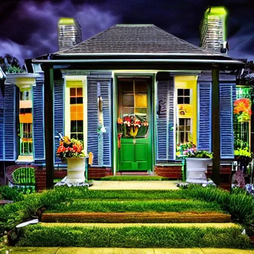 Prompt: night-time, dark night, dark shadows, garden, multicolored flowers, flower pots, pots, planter boxes, entryway, dark sky, dark clouds, 
very soft █►green◄█ theme, dark walls, dim lights, (some cyan small things:0.8), 
♦♦ doorstep, letterbox, front porch, porch, foyer, stool, garden bench, butterflies, bees, flowers, watering can, garden tools, hair flower, hair ribbon, pail, 

■■ {{{{best quality, 8k resolution photography, artistic photography, photorealistic, masterpiece}}}}, 