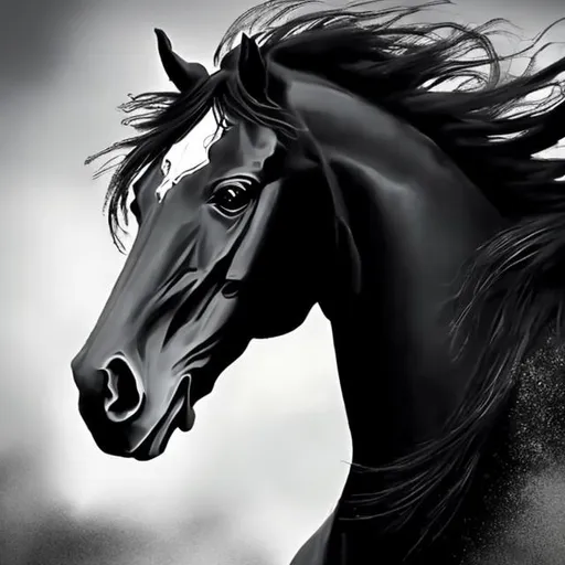 Prompt: Graceful Strength - Witness the mesmerizing beauty of a majestic black horse head his big hairs hanging. Mood: Regal and serene.