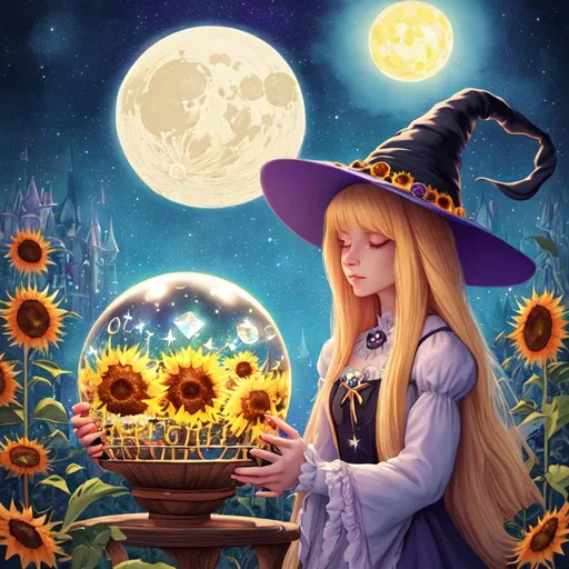 Prompt: witch with long blonde hair, using crystal ball, wearing witch hat, cute, sunflowers, aesthetic, pastel, fairycore, disney, pixar, moon, stars, witchcraft, in a starry pastel sky,  garden, sweet, dreamy, award winning illustration, artstation, highres