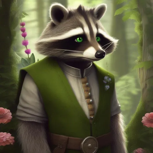Prompt: anthropomorphic, raccoon, realistic, human proportions, green eyes, forest, botanist, flowers in tail, fluffy tail, medieval, high definition, professional