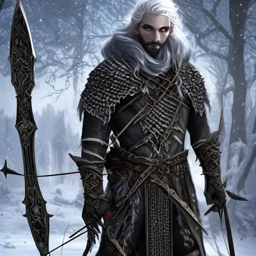 Prompt: male drow, black curly hair, white strands, bearded, crossbow, ranger, outsider, winter coat, scalemail armor, gloomy
