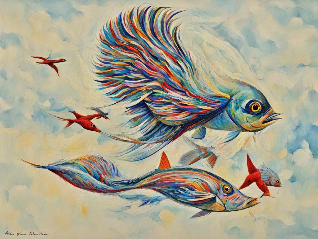 one flying fish, fish body, with a pair of bird wing...