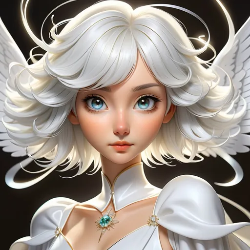 Prompt: Portrait, detailed, magical girl, angel, virtue of patience, short white hair with long tendrils, silver eyes, long eyelashes