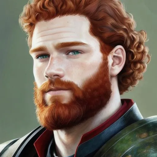 Prompt: Ultra realistic face, oil painting, portrait, red beard, handsome face, thick red curly hair, handsome, young adult, freckled face, green eyes, male human character, pale skin, wearing armor
