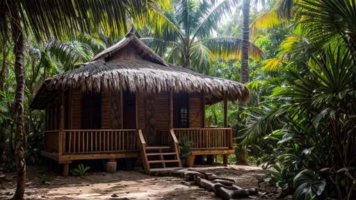 Prompt: a very realistic mexican jungle, with a small old wood house in the middle of so much tree, fine tuned, sunlight ray