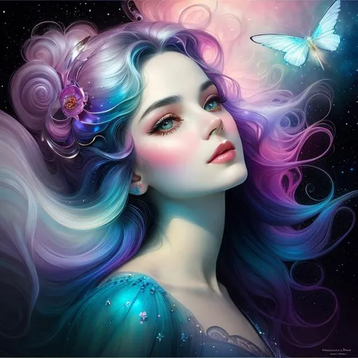 Prompt: cosmic Beauty. Art by artgerm, edre penovac, Daniel Merriam, catrin Welz-Stein, Nicoletta ceccoli, James Jean. Gradient chrome colours. 3d.