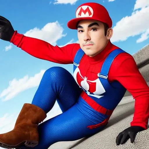 Prompt: Peter Mario is a charismatic and agile character that combines the iconic elements of both Mario and Spider-Man.

Peter Mario has a similar overall appearance to Mario, with his trademark red hat, blue overalls, and brown boots. However, he also incorporates elements of Spider-Man's costume design. He wears a red and blue jumpsuit, similar to Mario's overalls, but with web-like patterns on the blue areas, resembling Spider-Man's suit. His gloves and boots have web-shaped patterns as well, giving him enhanced traction and grip.

Peter Mario's red hat features a small spider symbol, representing his Spider-Man influence. Additionally, he wears a red mask that covers the upper half of his face, leaving his expressive eyes visible. The mask has web-like patterns extending from the eyes, further blending the two characters' aesthetics.