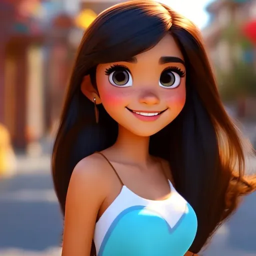 Prompt: Disney, Pixar art style, CGI, mexican girl with long straight black hair, tan, sturdy body, big eyebrow, brown eyes, tomboy style, she is strong and tough looking