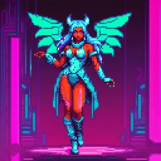 Prompt: a beautiful female demon in a dynamic pose in a retro futuristic synthwave cyberpunk neon paradise.  neon lighting, high quality, beautiful, masterpiece, artistic, synthwave, cyber, retro, futuristic