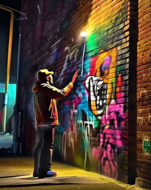 Prompt: A street artist tags a ((brick wall )) with ((colorful)) graffiti art, a lone spotlight overhead illuminating his surreal humanoid characters coming to life. (Misty:0.5) alleyway. In the style of Banksy.