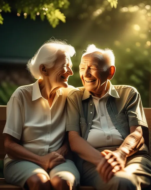 Prompt: A smiling elderly couple sits close together on a wooden bench surrounded by lush green nature. Wrinkled faces, Golden rays of sunshine light their faces. Shot on Fujifilm X-T4 with 56mm lens. Loving, nostalgic, heartwarming. ,(texture map) ,(normal map),(specular map) ,(displacement map)