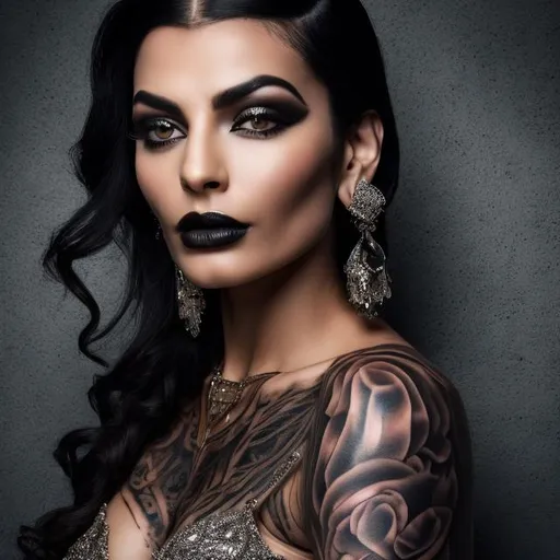 Prompt: Extremely beautiful woman, black hair, dark eyes, silver earrings, tattooed skin, sophisticated tattoos, in the style of charming rich people, darkerrorcore, intense look, backlit, ethereal, 8k high quality, UHD, HDR