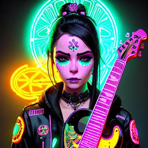 Prompt: detailed portrait Neon double-guitar, sugar skull makeup, cyberpunk futuristic neon, reflective, decorated with traditional Japanese ornaments by Ismail inceoglu dragan bibin hans thomas greg rutkowski Alexandros Pyromallis Nekro Rene Maritte Illustrated, fine details, realistic