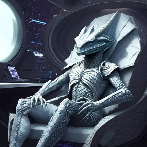 Prompt: argonian wearing a white suit sitting in futuristic chair with legs crossed sipping a drink, sci-fi art, 8k
,politician