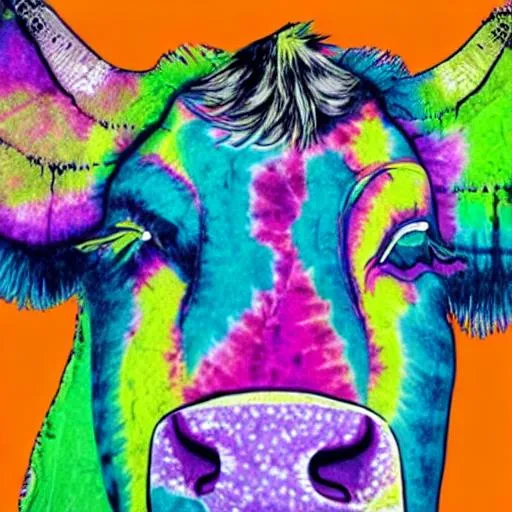 Prompt: cow in tie-dye clothes. 